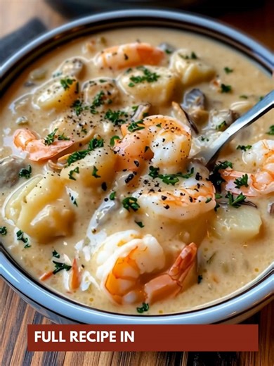 Classic Seafood Chowder 🦐🦪 The best comfort food bowl for a cozy family dinner. 📝 Ingredients : Shrimp, peeled & deveined Sea scallops Clams (fresh or canned, drained) Butter Olive oil Onion, finely chopped Garlic, minced Celery, diced Potatoes, cubed Seafood broth Heavy cream Milk Bay leaf Paprika Salt Black pepper Fresh parsley, chopped 🍽️ How to Make It : 1️⃣ Build the Chowder Base: Sauté butter, olive oil, onion, celery, and garlic until soft for an easy comfort recipe and classic chowde