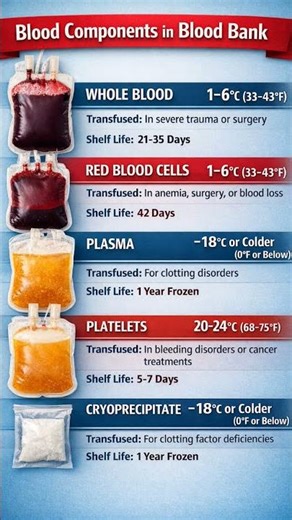 Review for Blood components, storage temperature and selflife with transfusion conditions in 15 sec