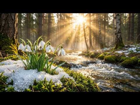Spring Forest Stream & Snowdrops: 4K Nature Relaxation • Melting Snow ASMR