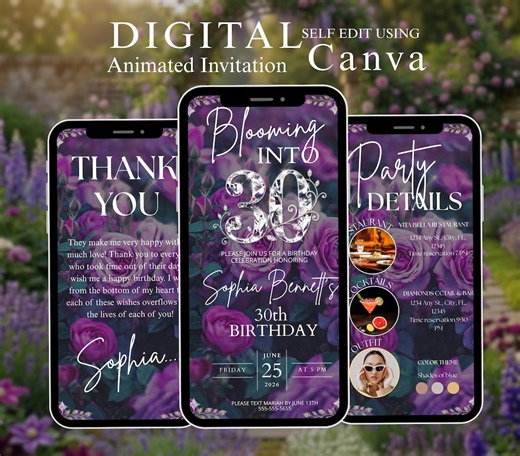 30th Birthday Invitation Animated, Blooming Into 30 Floral Invite, Digital Download, Editable E-invitation - Etsy