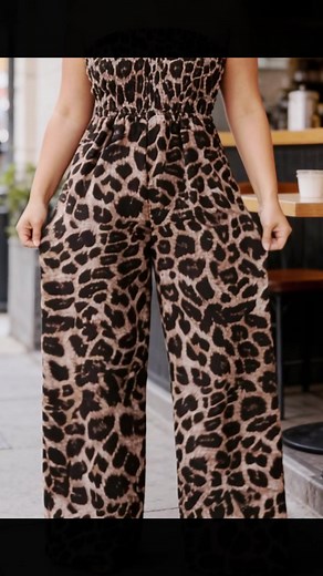 Women's Leopard Print Shirred Wide Leg Jumpsuit #tiktokshopholidayhaul #jumpsuit #fyp #ootd #gym