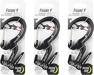 Nite Ize Figure 9 Carabiner Rope Tightener - Heavy-Duty Carabiner Clip - Cord & Rope Tightener with Wire Gate - Carabiner Camping Accessories & Tent Essentials - Large, Black (3 Pack)