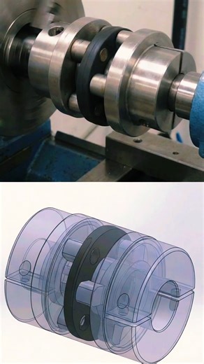 This tiny flex is saving the entire machine. TOP: A real flexible shaft coupling rotating under load, showing smooth power transfer, slight elastic movement, and realistic industrial behavior with a stable engineering camera. BOTTOM: The same coupling recreated as a 3D CAD model, clearly revealing the internal rubber or spring elements, hubs, and torque path, rotating in perfect synchronization with the real coupling above. #FlexibleCoupling #ShaftCoupling #MechanicalEngineering #RotatingEquipme