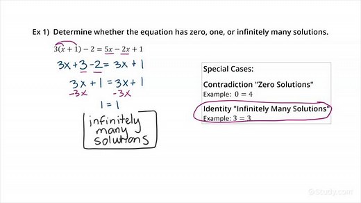 Solving Equations with Zero, One, or Infinitely Many Solutions | Math | Study.com