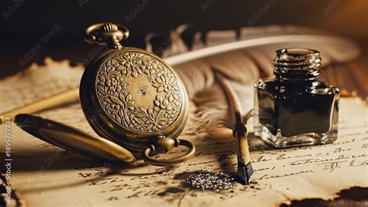 Close-up of vintage pocket watch, quill, and inkwell on old handwritten parchment, evoking historical writing.