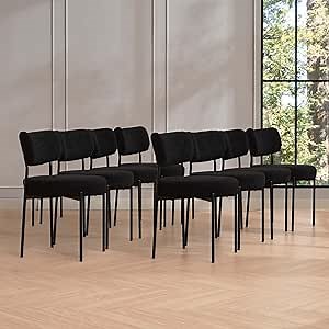 Black Boucle Dining Chairs Set of 8, Modern Dining Room Chair with Larger Curved Backrest & Sturdy Metal Legs, Sturdy Construction Round Upholstered Dining Chairs for Kitchen, Living Room