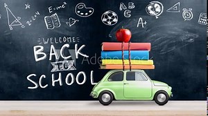Back to school looped 4k animation. Car delivering books and apple against school blackboard with education symbols. Car is moving from left to right. Stock Video