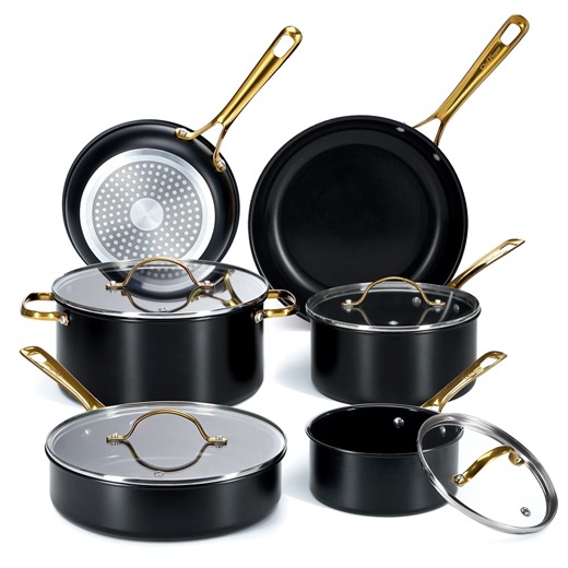 Chef Power 10 Pcs Ceramic Non Stick Cookware Sets, Pots and Pans Set with Stainless Steel Handle, Dishwasher and Oven Safe, Stone Black with Gold Handle