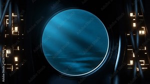 View of a round window with underwater background seen from inside a submarine or sci-fi environment with cables, light panels and moving illuminations. Looping video. 3D Rendering