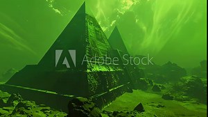 An alien landscape with acid green skies and a giant glitching pyramid structure in the center giving off major ancient technology vibes. Stock Video