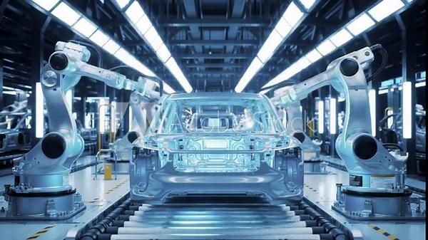 3D animation of robotic arms welding on automated conveyor line in electric vehicle factory, showcasing industrial automation, robotics technology, EV production, and modern manufacturing process