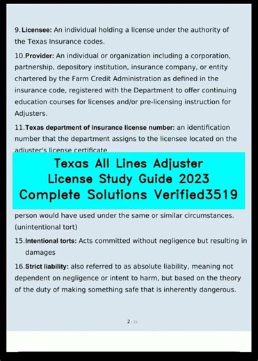 Texas All Lines Adjuster License Study Guide 2023 Complete Solutions Verified3519 video