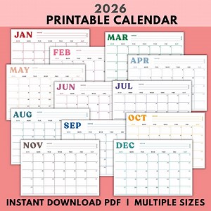 Printable Calendar Editable PDF | 2026 Monthly Planner With Notes | Colorful Horizontal | Multiple Sizes | Instant Download - Etsy