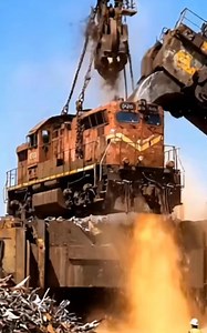 The process of crushing the old locomotive with a giant machine. #reels #train #railway #railroad | Railway and Transportation