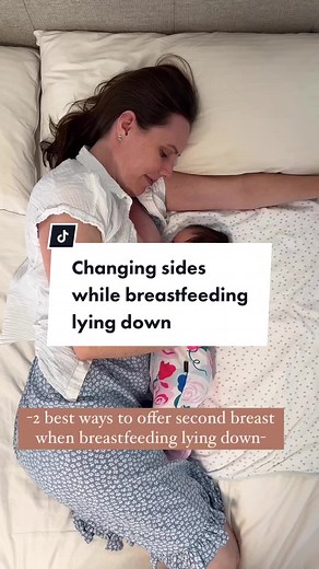 My fav hack for changing sides when breastfeeding lying down! ✨Before I tell you, FOLLOW @cocoonandcradle for more BF & sleep tips✨ Firstly, break the seal if your little one is still on the breast by popping your pinky finger in the corner of their mouth. Then pick option 1 or 2! Option 1 (my fav 😉): Shift your body weight and lean forwards to offer the second breast. Option 2: Place baby on your chest and roll together onto the other side. Not all babies will need a second side depending on t