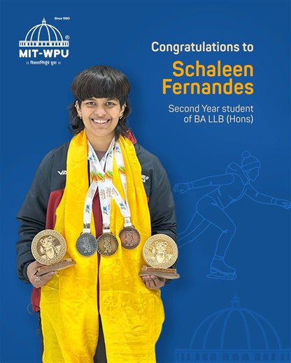 Shining on Ice! ❄️ Our student, Schaleen Fernandes (2nd Year, BA LLB Hons), made MIT-WPU, Pune, proud at the Khelo India Winter Games 2026, winning 1 Gold medal, 1 Silver medal, and 1 Bronze medal in Ice Skating! Her talent, dedication, and perseverance set a new benchmark and inspire us all. #MITWPU #StudentAchievements #IceSkatingChampion #KheloIndia #Inspiration | MIT World Peace University