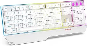 White Gaming Keyboard Colorful Rainbow Backlit Keyboard with Ergonomic Detachable Wrist Rest,Transparent Aluminum Panel Keyboard with Mechanical Feeling 104 Keys for PC PS4 Xbox Mac Office/Gaming