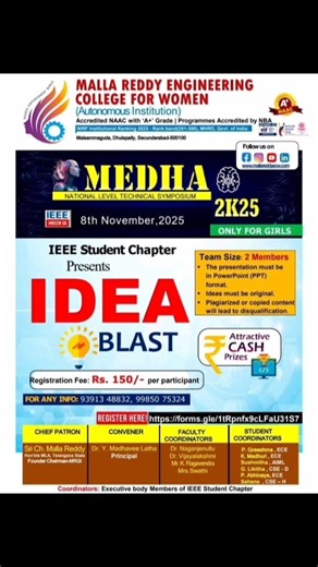 MRECW on Instagram: "💥💡 IDEA BLAST 💡💥 Organized by IEEE Student Chapter as part of National Level Technical Symposium – MEDHA 2K25 🚀 Got an idea that can make a difference? 🌍 Showcase your innovation and creativity in IDEA BLAST, where imagination meets impact! ✨ 👥 Team Size: 2 Members 🖥️ Presentation Format: PowerPoint (PPT) ⚠️ Note: Ideas must be original — plagiarism or copied content will lead to disqualification. 📅 Date