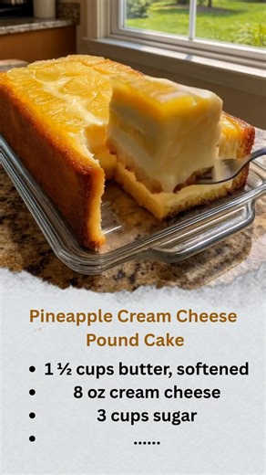 Pineapple Cream Cheese Pound Cake Ingredients: 1 ½ cups butter, softened 8 oz cream cheese 3 cups sugar 6 eggs 3 cups flour 1 tsp baking powder, ½ tsp salt 1 tsp vanilla ½ cup crushed pineapple 1 can pineapple slices (for topping) ½ cup butter ½ cup brown sugar (for caramelized topping) Instructions: Start with the topping: Pour the melted butter and brown sugar into a greased baking pan, then arrange pineapple slices over it. Make the batter: Beat together the butter, cream cheese, and sugar un