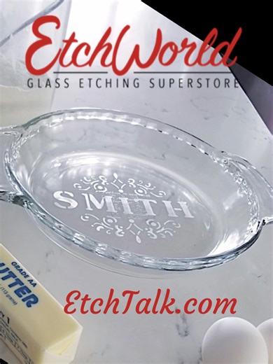 DIY Etched Personalized Glass Baking Dish https://www.etchworld.com/Article/personalized-baking-dish Name and claim the bakeware with this beautifully branded baking dish. Take the everyday boring into a world of personalized possibility with the 1 Inch Alphabet and Ornamental Borders Over N Over Glass Etching Stencils and our Armour Etch Glass Etching Cream. Revive your current bakeware, fearlessly contribute to potluck dinners, create custom housewarming gifts, or have new crafting inspiration
