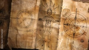 Old, wrinkled and textured parchment scroll, resembling a pirate's triptych of a treasure map, with symbols and mystical drawings for the worship of a goddess. Occultism and magic for wiccan ritual