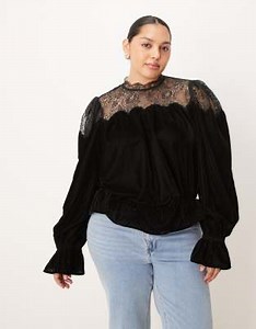 ASOS DESIGN Curve velvet and lace mix high neck long sleeve blouse in black | ASOS