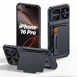 Oupeigar For iPhone 16 Pro With Card Holder (4 Cards),Slide Camera Cover,Drop Protection,Rugged Hard Back,Silicone Edge Wallet Phone Case-Black