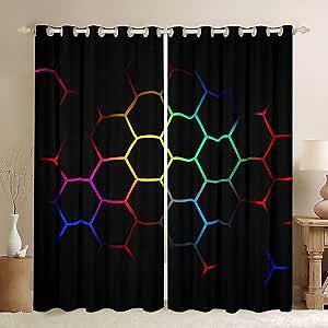 Hexagonal Window Curtains for Bedroom Living Room Geometric Honeycomb Curtains for Kids Boys Girls Beehive Hexagon Window Drapes Treatments Yellow Red Green Black Blue Decor 52W X 63L,2 Panels