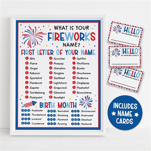 Fireworks Name Game Printable, Patriotic Party Game for Kids Adults, 4th of July Activity Name Tag Cards, Red White Blue Instant Download - Etsy