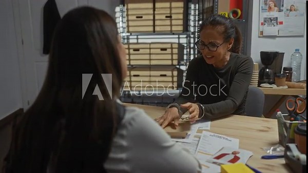 Anguished woman handcuffed in interrogation room with detective analyzing documents