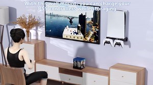 PS5 Slim Wall Mount Kit With Charging Controller Charger, Floating Shelf Vertical Stand, Accessories With Holder, Behind TV Mounting