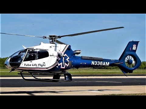 EC130 Start-Up, Takeoff & Landing Tulsa Life Flight Pryor, Oklahoma, USA Air Method - Eurocopter