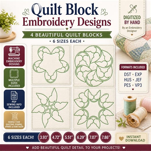 Quilt Block Embroidery Designs Bundle, 4 Quilting Motifs, Machine Embroidery Files (digital Download) - Etsy