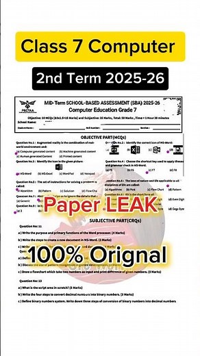 7th class Computer paper SBA 2nd term paper 2025-26 #short #shorts #sba2025