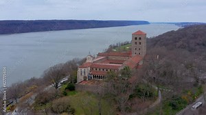 Aerial shot of The Cloisters museum at Fort Tryon Park on Manhattan Island, New York