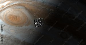 Spaceship overflying Jupiter planet surface