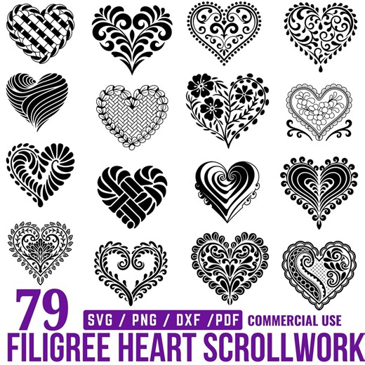 Filigree Heart Ornamental Scrollwork SVG Bundle, Romantic Vintage Heart Filigree Designs for Cricut Crafts Instant Downloads - Etsy