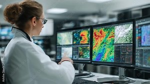 Side view of a geospatial analyst analyzing satellite maps and geographic data sequences in a modern lab environment preparing visual reports for environmental assessments.