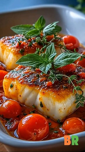 Seared Cod with Tomato Basil Sauce A vibrant yet refined coastal dish where tender seared cod meets a gently simmered tomato basil sauce, capturing bright Mediterranean character with clean, elegant technique. Ingredients : 4 cod fillets, about 6 oz each, skinless and boneless 1/4 cup all purpose flour, for light dusting 2 tablespoons extra virgin olive oil 1 small onion, finely chopped 3 garlic cloves, minced 1 cup cherry tomatoes, halved 1/2 cup vegetable broth or fish stock 1/4 cup fresh basi