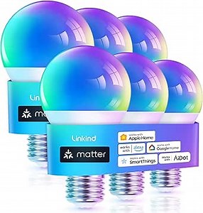 Linkind Matter Smart Light Bulb, WiFi Smart Bulbs, Work with Apple Home, Siri, Alexa, Google, SmartThings, RGBTW Color Changing Bulbs Mood Lighting, Music Sync, A19 E26 60W, 2.4Ghz WiFi 6 Pack