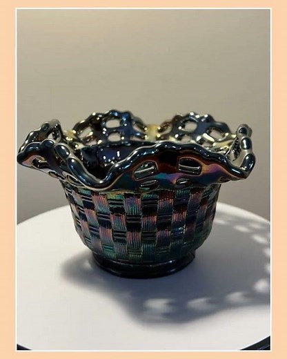 Vintage Fenton Iridescent Carnival Glass Wicker Woven Basket Bowl