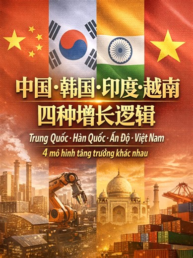 为什么未来十年，越南和中国、韩国、印度完全不是一回事？ Vì sao 10 năm tới, Việt Nam không giống Trung Quốc, Hàn Quốc hay Ấn Độ? Why Vietnam’s next 10 years won’t look like China, Korea, or India 真正决定一个国家命运的，不是GDP增速，而是“增长逻辑”。 韩国靠出口制造 财阀走到工业化终点；中国从规模切到效率与技术；印度押注服务业但转化慢；越南正在走“东亚模式2.0”：产业外溢 工业园区 外资成型 数字经济。 短视频很容易看反，完整框架放在长视频里。 #越南 #越南经济 #东亚模式 #产业转移 #FDI外资