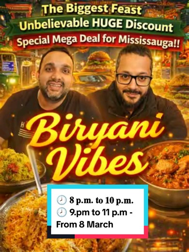 𝐂𝐡𝐚𝐜𝐡𝐮 𝐊𝐢 𝐁𝐢𝐫𝐲𝐚𝐧𝐢⁣ 📍 988 Burnhamthorpe Rd E, Mississauga, ON⁣ ⁣ 💥 $𝟏𝟔.𝟗𝟗 𝐎𝐧𝐥𝐲!⁣ 🕗 𝟖 𝐩.𝐦. 𝐭𝐨 𝟏𝟎 𝐩.𝐦.⁣ 🕗 9.pm to 11 p.m - From 8 March 📅 𝐓𝐮𝐞𝐬𝐝𝐚𝐲 𝐭𝐨 𝐒𝐮𝐧𝐝𝐚𝐲⁣ ⏳ 𝐓𝗪𝐎 𝐇𝐎𝐔𝐑𝐒 𝐎𝐍𝐋𝐘⁣ ⚠️ 𝐓𝐢𝐥𝐥 𝐬𝐭𝐨𝐜𝐤 𝐥𝐚𝐬𝐭𝐬!⁣ ⁣ Mississauga… Karachi food just got a crazy upgrade! 🔥👀⁣ ⁣ For the first time in Canada, Chachu Ki Biryani is dropping an 𝐚𝐥𝐥 𝐲𝐨𝐮 𝐜𝐚𝐧 𝐞𝐚𝐭 𝐝𝐞𝐬𝐢 𝐟𝐞𝐚𝐬𝐭 that hits straight with Burns Road vibes. ⁣ ⁣ This is n