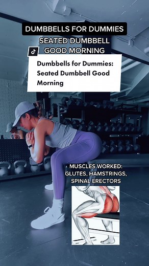 The seated dumbbell good morning is an excellent hip hinge because it allows you to learn to push your weight back into your hips and glutes with a bench to support the weight shift. If you go heavier on these you can use them to build your glutes and increase your core strength. Once you feel comfortable with heavier weights try a seated barbell good morning. #exercisesforwomen #dumbbellworkout #exercisesforbeginners #dumbbellsfordummies #dumbbellgluteworkout #dumbbellgoodmorning #girlswholift 