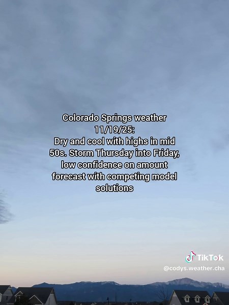 Colorado Springs weather 11/19/25: Dry and cool once again. No significant risks in the next 24 hours. Our Thursday/ Friday storm is weakening in the newest model outputs. I will post a deeper dive into the analysis piece this afternoon to try and increase our confidence in timing and amounts for this storm. #weather #snowornosnow