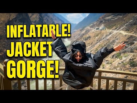 Inflatable jacket reacts to strong wind at Tiger Leaping Gorge in Yunnan, China