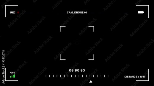 Drone camera interface hud overlay with recording indicators and gps data, perfect for cinematic flight simulations or surveillance-style video projects. 4k video