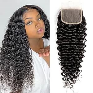 Transparent HD Lace Closure Deep Wave Human Hair Closure Invisible Ultra-thin 4x4 Lace Closure Brazilian Raw Virgin Human Hair Pre Plucked Natural Black (10 Inch)