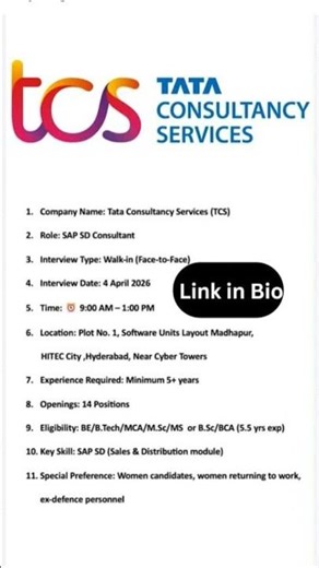 TCS Walk-in Drive 2026 | SAP SD Consultant Jobs | Hyderabad Hiring