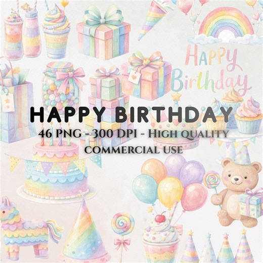 Pastel Birthday Clipart, Happy Birthday PNG, Birthday Party, Balloons Clipart, Birthday Cake, Party Decor, Birthday Graphics, Commercial Use - Etsy